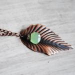 Leaf Necklace Antiqued Copper Pale Green Gemstone..