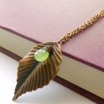 Leaf Necklace Antiqued Copper Pale Green Gemstone..