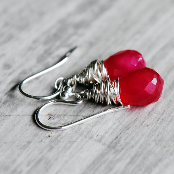 Ruby Red Earrings Sterling Silver Chalcedony Gemstones Wire Wrapped