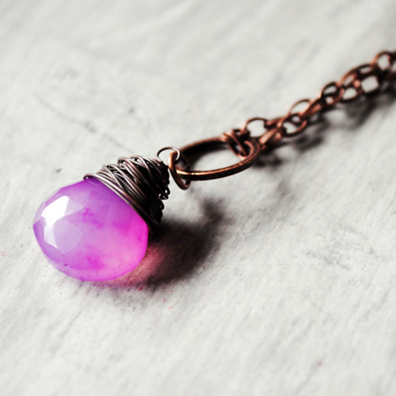 Purple Chalcedony Necklace Antique Copper Gemstone Wire Wrapped