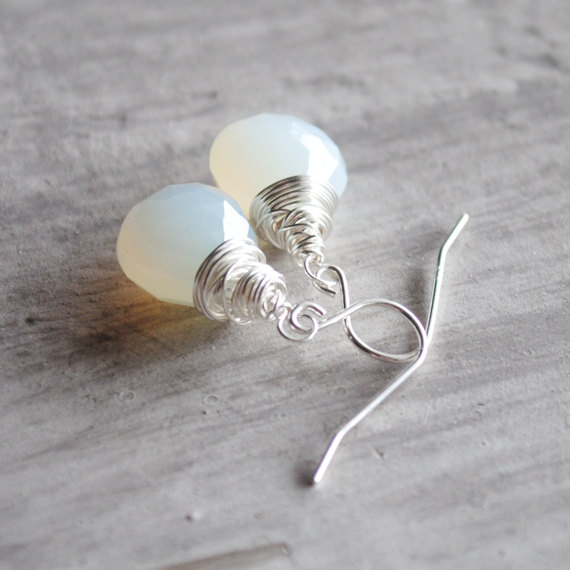White Chalcedony Earrings Sterling Silver Wire Wrapped Gemstones