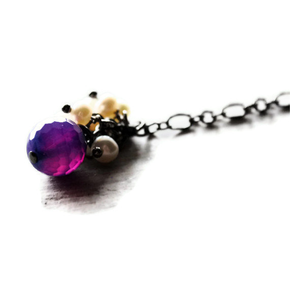 Purple Pearl Necklace Agate Gunmetal Gemstones Grape
