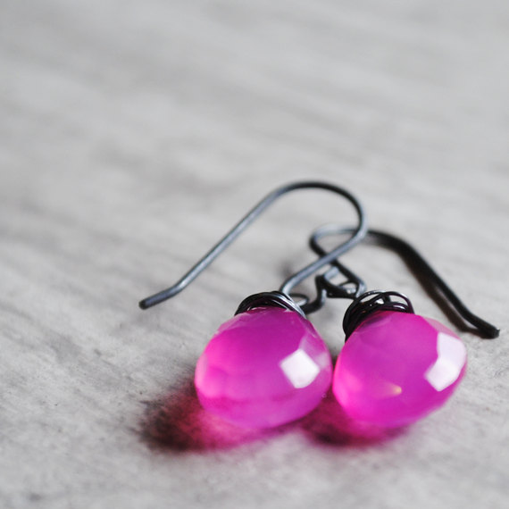 Bright Pink Earrings Chalcedony Sterling Silver Oxidized Gemstones