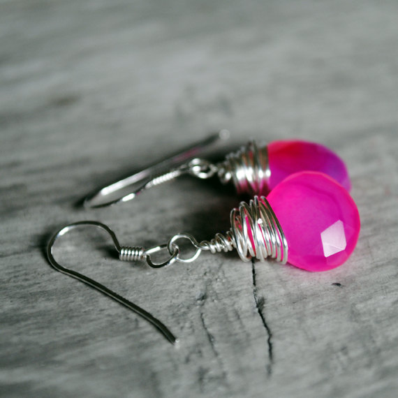 Pink Earrings Chalcedony Sterling Silver Wire Wrapped Gemstones