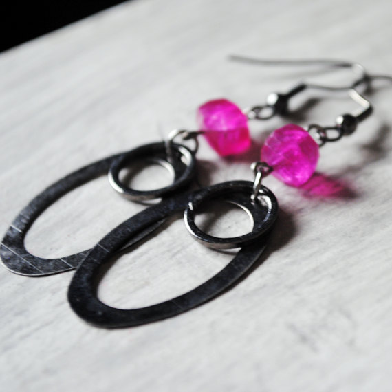 Pink Earrings Chalcedony Gunmetal Gemstones Retro