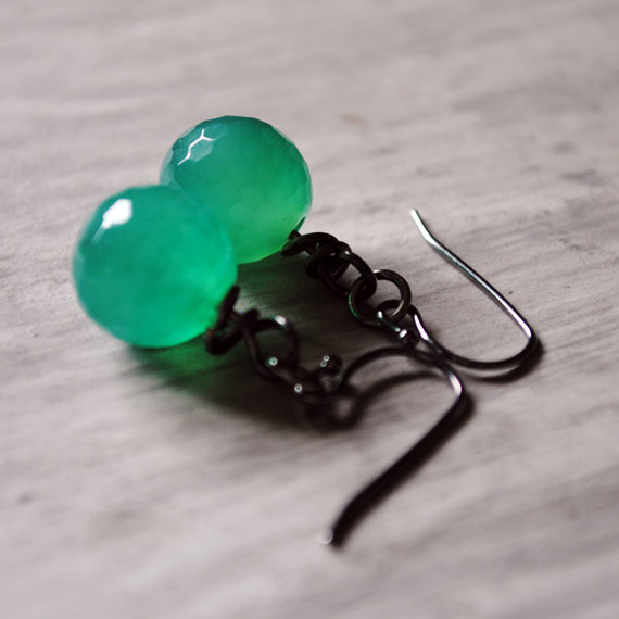Green Gemstone Earrings Dangle Gunmetal Faceted Round Bead