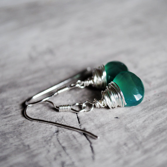 Emerald Green Earrings Chalcedony Sterling Silver Wire Wrapped Gemstones