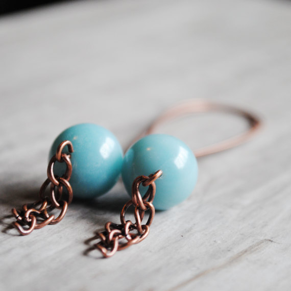 Copper Dangle Earrings Blue Gemstone Amazonite