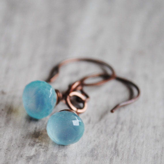 Sky Blue Earrings Copper Wire Wrapped Chalcedony Gemstones