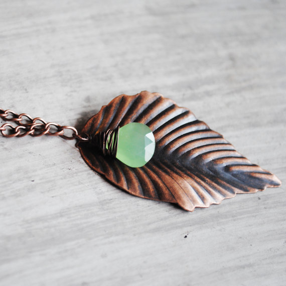 Leaf Necklace Antiqued Copper Pale Green Gemstone Chalcedony