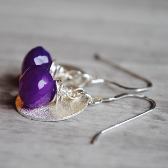 Sterling Silver Earrings Disc Dangle Purple Gemstone Briolette Bead