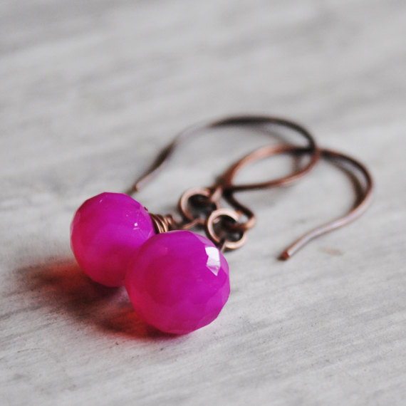 Pink Gemstone Earrings Copper Chalcedony Wire Wrapped Magenta